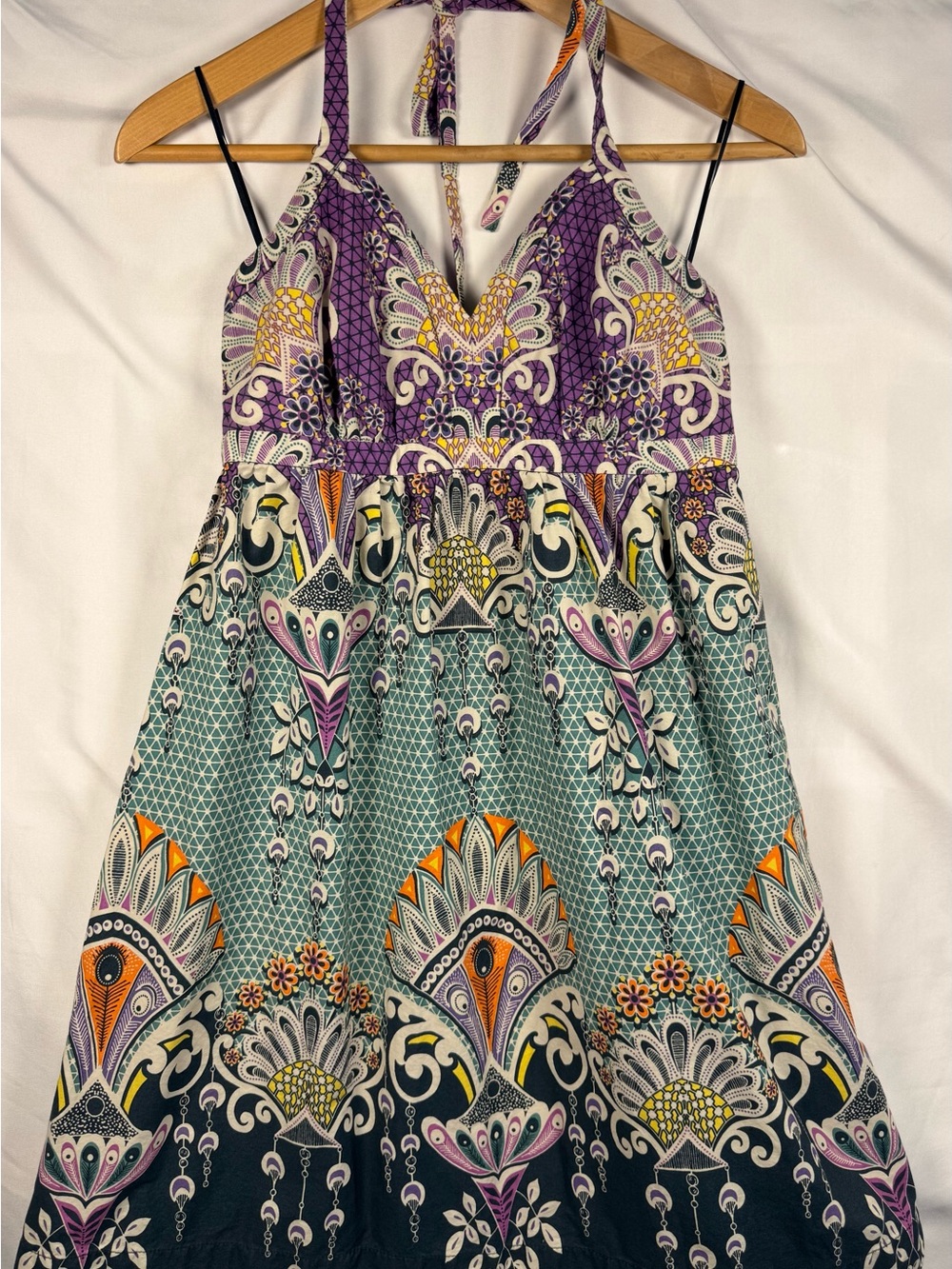 Express Purple, Yellow & Orange Printed Mini Dress Boho Y2K Festival Halter SZ 4